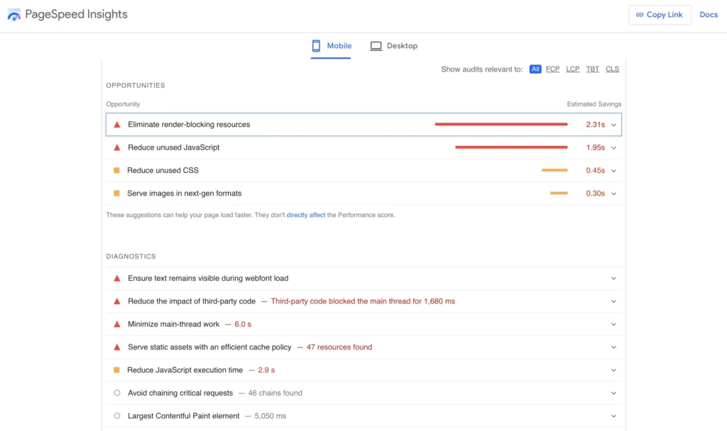 PageSpeed Insights audit