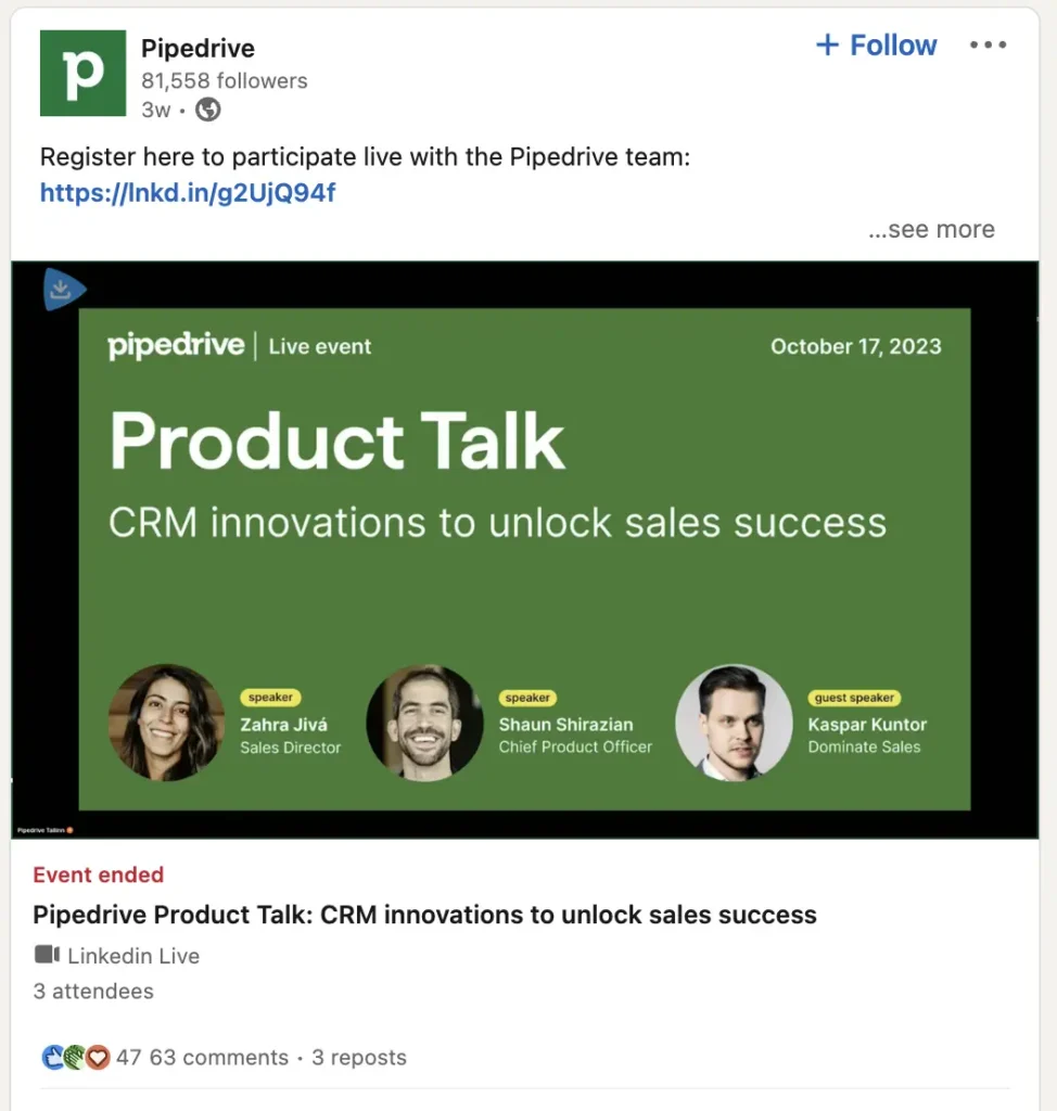 Company Pipedrive webinar on LinkedIn